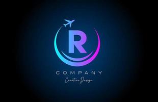 blue pink R alphabet letter logo with plane for a travel or booking agency. Corporate creative template design for company and business vector