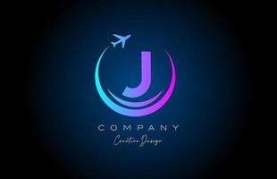 blue pink J alphabet letter logo with plane for a travel or booking agency. Corporate creative template design for company and business vector