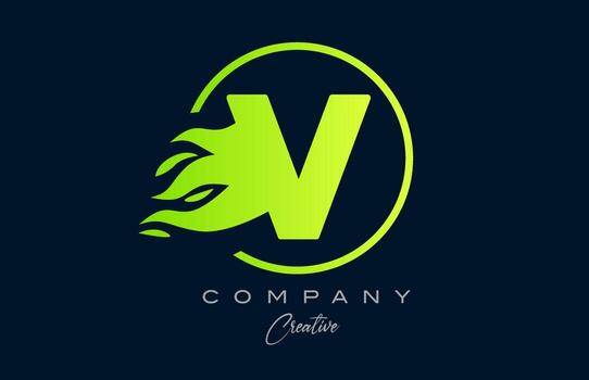 V alphabet letter icon for corporate with green flames. Fire design suitable for a logo company vector