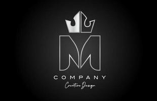 M metal alphabet letter logo icon design. Silver grey creative crown king template for business and company vector