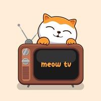 Cat with Old Television - Cute Orange Cat Play Above TV Vector