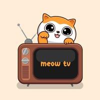 Cat with Old Television Waving Hand Kawaii - Cute Orange Cat Above TV Vintage vector