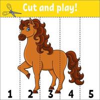 Learning numbers 1-5. Cute horse. Farm animal. Cut and play. Education worksheet. Game for kids. Color activity page. Puzzle for children. Riddle for preschool. Vector illustration. Coon style.