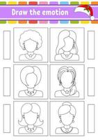 Draw the emotion. Worksheet complete the face. Coloring book for kids. Cheerful character. Vector illustration. Black contour silhouette. Vector illustration.