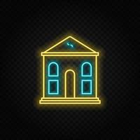 building, bank, neon vector icon. Blue and yellow neon vector icon. Vector transparent background