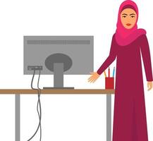 musulmán mujer a trabajar, vector árabe negocio personaje a escritorio en oficina utilizando computadora, saudi dibujos animados mujer de negocios