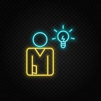 brainstorming, businesswoman neon icon. Blue and yellow neon vector icon. Transparent background