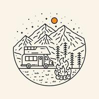The nature wild and camping fun on the mountains in mono line vector