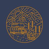 The nature wild and camping fun under star on the mountains in mono line vector for badge, sticker, patch, t shirt design, etc