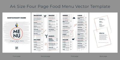 Restaurant cafe menu, template design. A4 size, Four page food menu vector template.