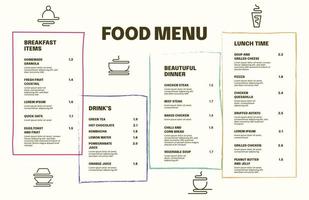 Restaurant cafe menu, template design. Single page food menu template, Vector food menu template