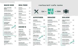 Restaurant cafe menu, template design. Single page food menu vector template.