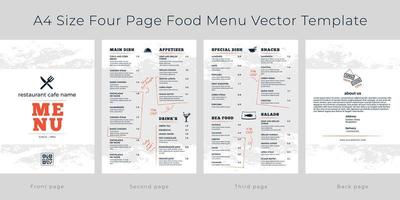 Restaurant cafe menu, template design. A4 size, Four page food menu vector template.