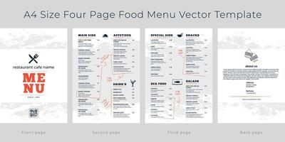 Restaurant cafe menu, template design. A4 size, Four page food menu vector template.