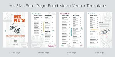 Restaurant cafe menu, template design. A4 size, Four page food menu vector template.