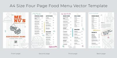 Restaurant cafe menu, template design. A4 size, Four page food menu vector template.