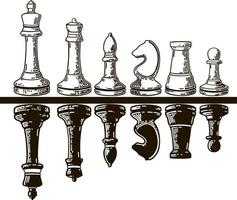 Hand-drawn sketch set of Chess pieces. Chess pieces. Playing. White and black chess pieces. Mate. King, Queen, Bishop, Knight, Rook, Pawn vector