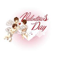 Three of angels give heart for together, cupids with happy valentine's day pink text on white background vector