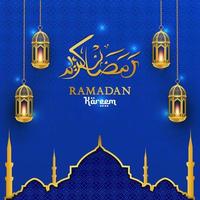 blue islamic background greeting pattern with lantern and mosque vector design. callygraphy of ramadan kareem