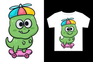 Hand drawn cute little dino with skateboard cartoon illustration for kids t shirt design vector