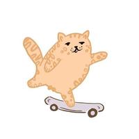 Cute little cat is riding a skateboard. Vector illustration.