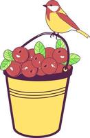 Vector illustration. A bucket full of berries. Lingonberry ripe. A bird sits on a bucket.