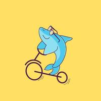 vector ilustración de un azul tiburón en amor. dibujos animados personaje aislado en amarillo antecedentes. bonito bicicleta conducir. Gafas de sol con corazón en el adentro.