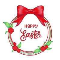 Hand drawn easter wreath and text Happy Easter with red bow. Flat illustration vector