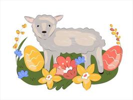 Easter sheep with eggs and flowers vector