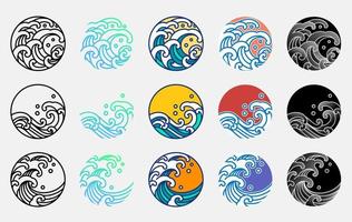 Water and ocean wave line art logo vector illustration. Oriental style graphic design.