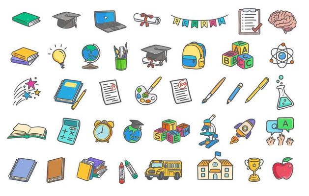 Education elements hand drawn objects colored line vector illustration