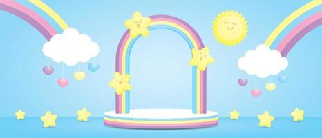 colorful rainbow arch and podium display stage with cute kawaii star and sun and cloud on pastel blue floor and wall 3d illustration vector scene for putting object