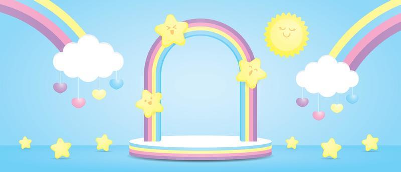 colorful rainbow arch and podium display stage with cute kawaii star and sun and cloud on pastel blue floor and wall 3d illustration vector scene for putting object