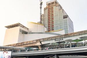 Bangkok Thailand  Feb 23 2023 Sky walk at Siam Discovery and MBK with Bangkok City of life logo. Siam Discovery and MBK is a famous shopping mall at Bangkok. photo