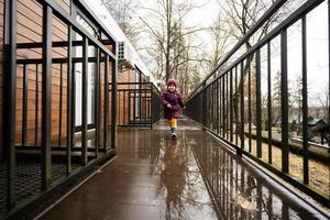 Baby girl running on terrace of one-storey modular houses in spring rainy forest. photo