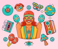 Groovy vector. A man playing maracas, radio, cassette, glasses, music and tongue vector