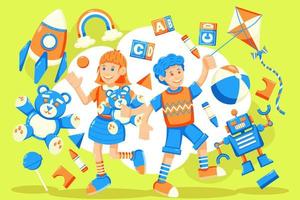 Vector of children playing. children playing with dolls, robots, kites and rockets