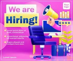 We are Hiring. 3d vector of work desk, chair and hand holding megaphone from inside computer