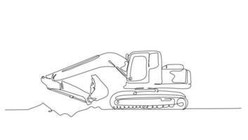 Continuous line art or One Line drawing of excavator for digging soil vector illustration, business transportation. heavy equipment vehicle construction concept. modern continuous line drawing design