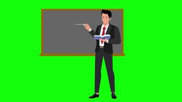school teacher teaching in classroom at the blackboard and talking 4k cartoon animation video