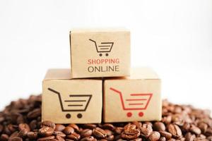 Shopping cart box on coffee beans, shopping online for export or import. photo