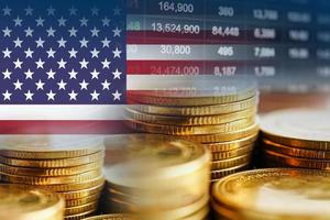 USA America flag with stock market finance, economy trend graph digital technology. photo