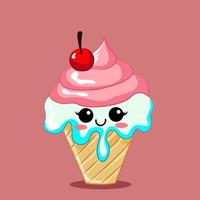 Strawberry ice cream cone with vanilla icing and cherry on top vector illustration