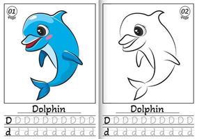 Dolphin Alphabet ABC Coloring Page D. Tracing all letters of English alphabet. Preschool activity for kids vector