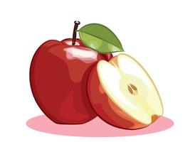 Ripe red apple fruit with apple half and green apple leaf isolated on white background Illustrator. vector