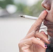 Closeup hand woman teen young asia one person wearing a black shirt hold smoking cigarette white color standing outdoor by the wall photo