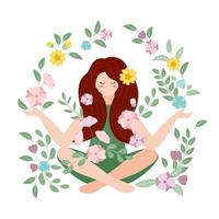 Woman meditating in flowers. Meditation for body, mind and emotions. Concept illustration for yoga, meditation, relaxation, healthy lifestyle. Vector illustration.