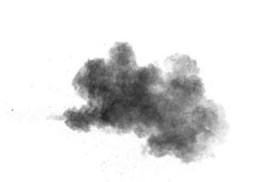 Black powder explosion against white background.Charcoal dust particle cloud. photo