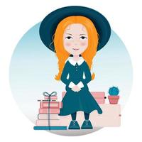 A girl with a suitcase and books vector