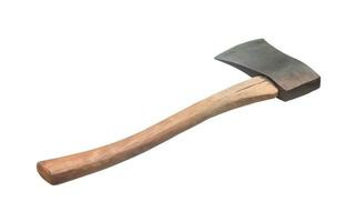 Old rust dirty dark gray axe with brown wooden handle isolated on white background with clipping path photo